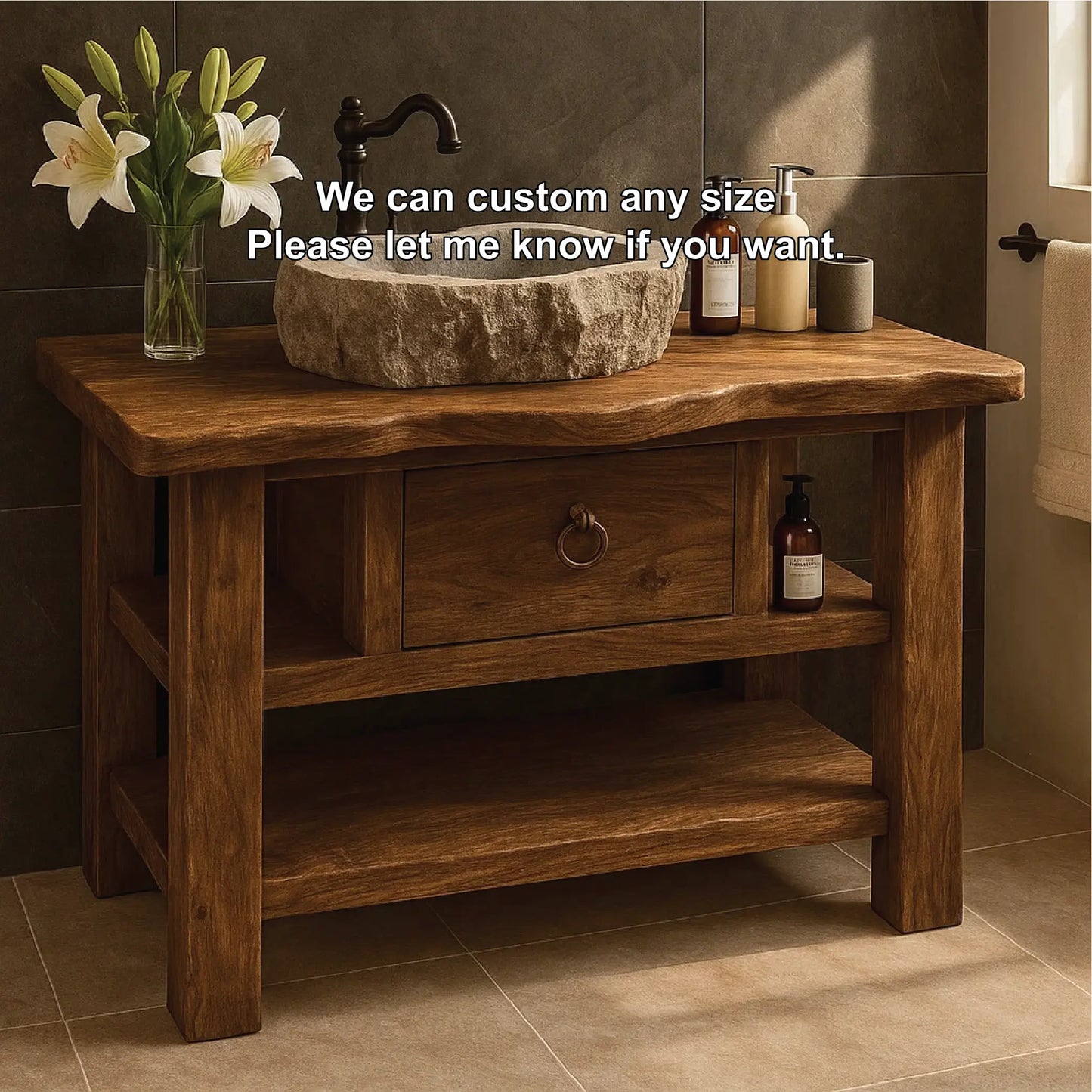 Handcrafted Solid Wood Bathroom Vanity with Drawer and Shelves for Rustic Natural Interior Design Lynnsnail
