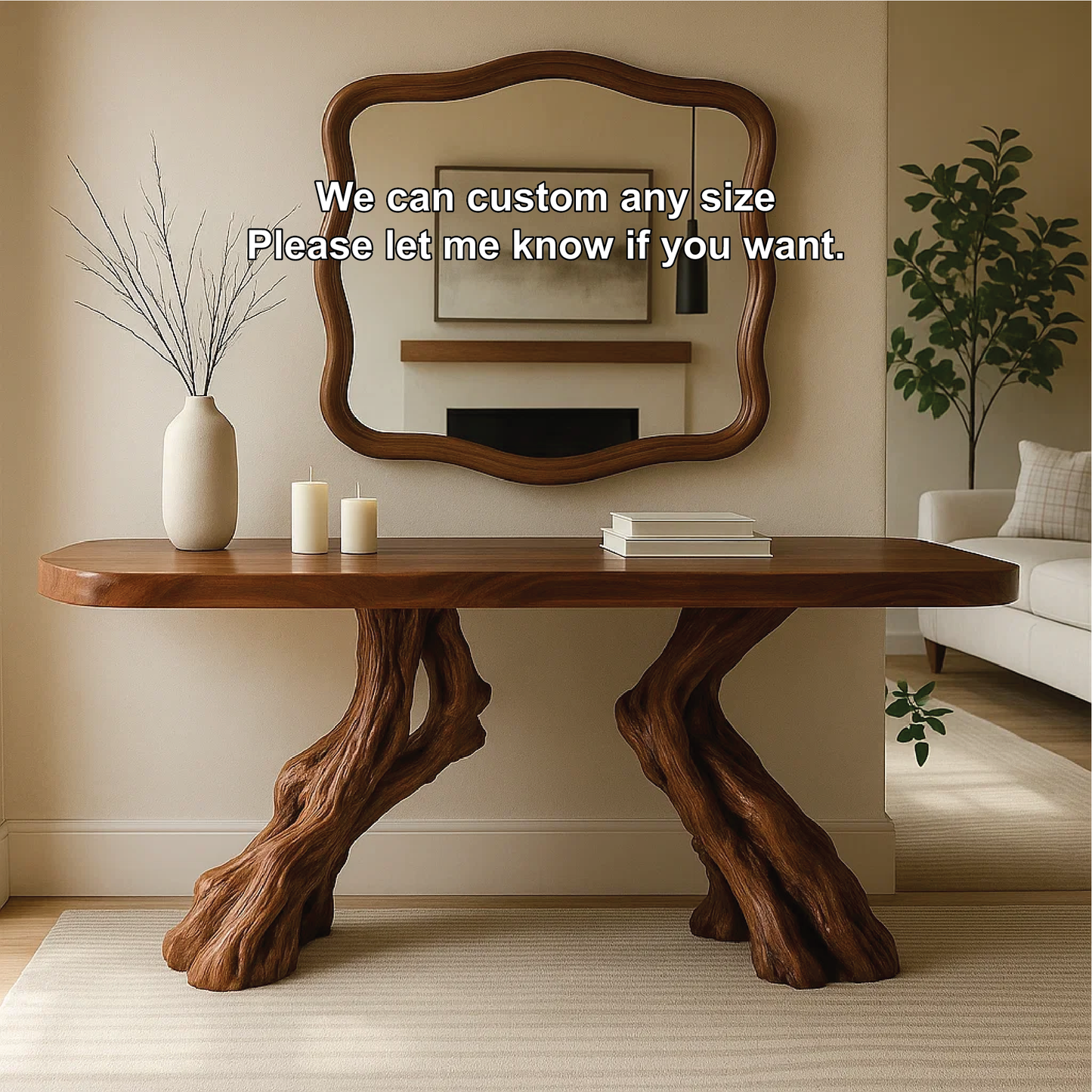 Handcrafted Solid Wood Console Table with Twin Root Base and Smooth Natural Finish Design Lynnsnail