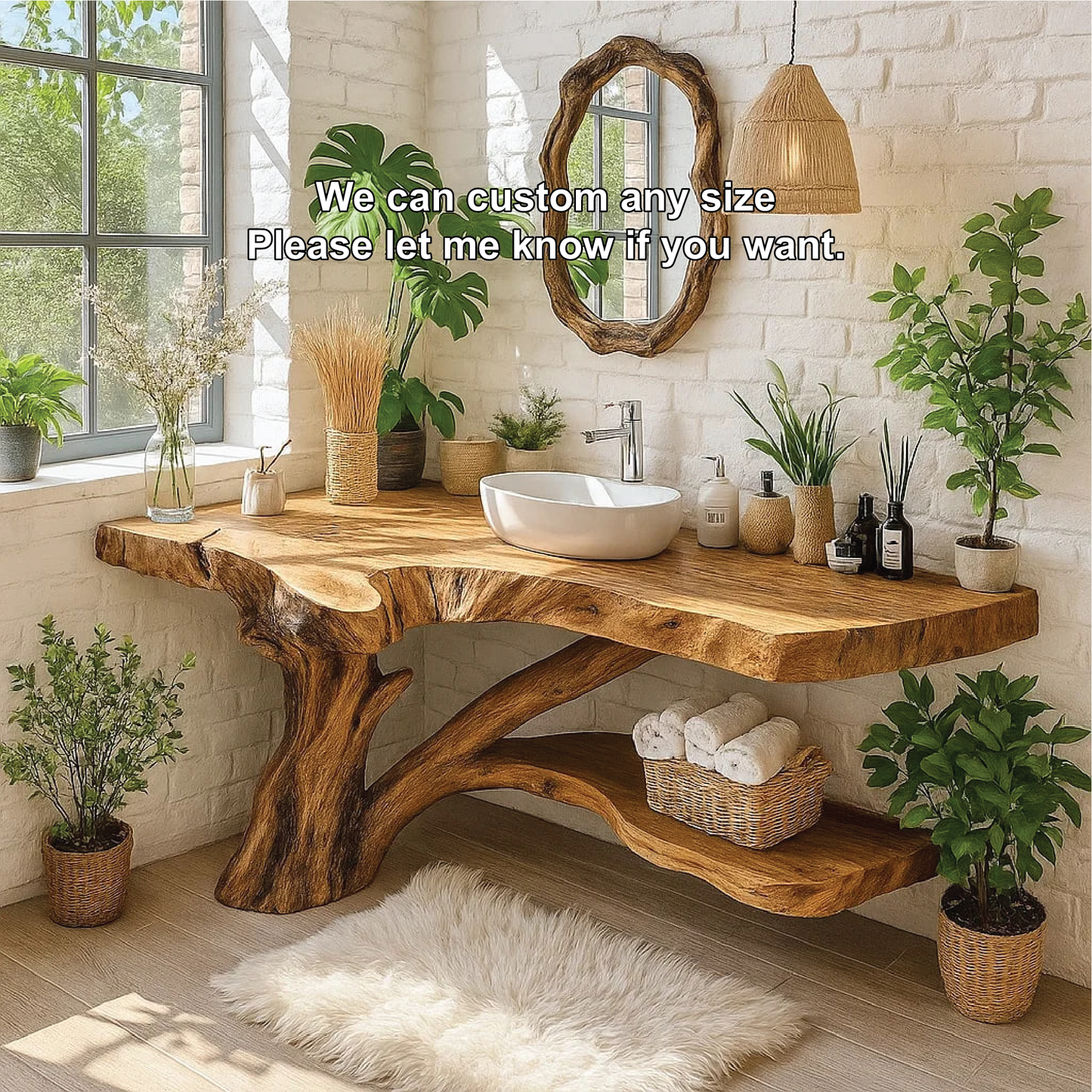 Handcrafted Solid Wood Bathroom Vanity with Natural Tree Trunk Base and Live Edge Design Lynnsnail