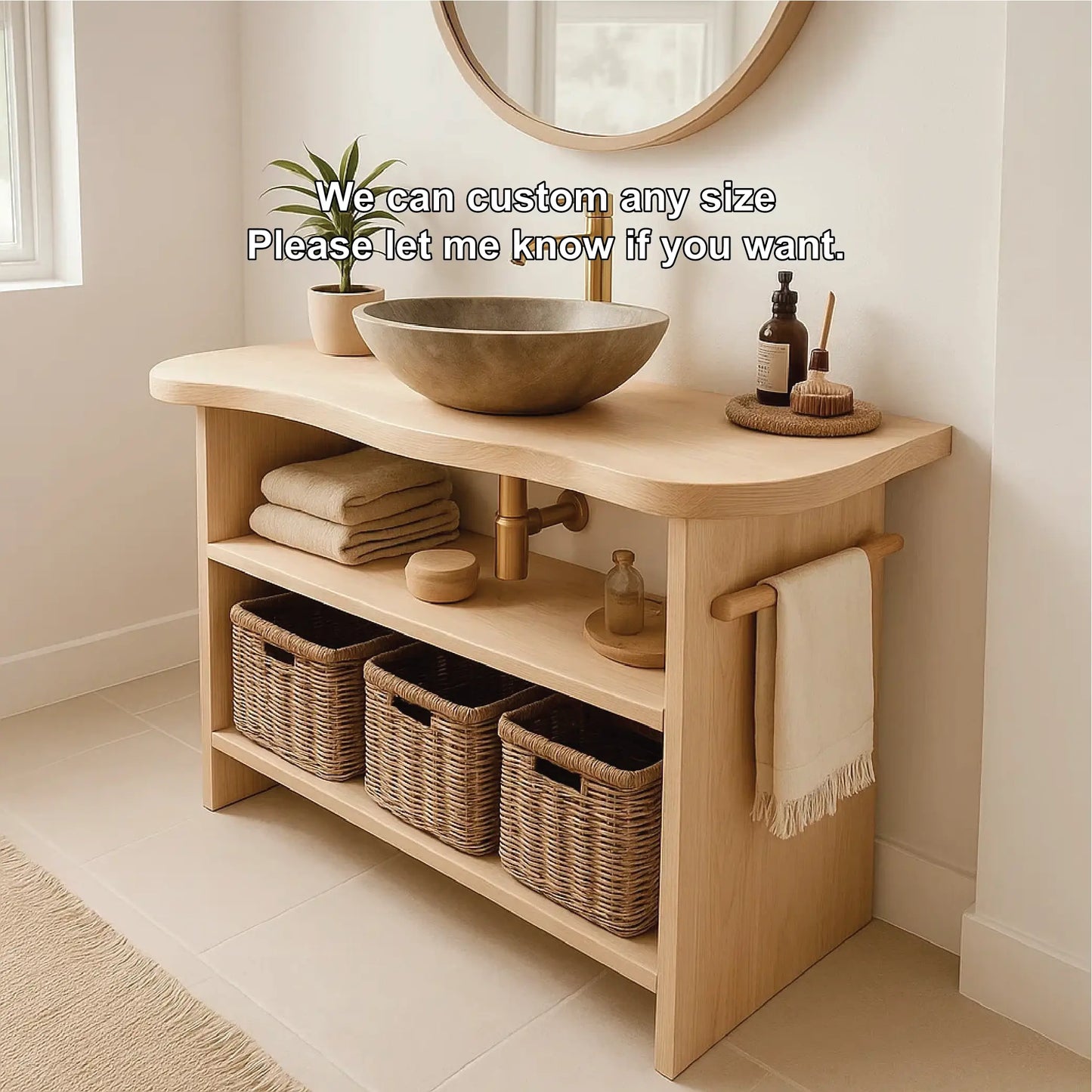Handcrafted Solid Wood Bathroom Vanity with Curved Edge Design and Open Shelves for Modern Spaces Lynnsnail