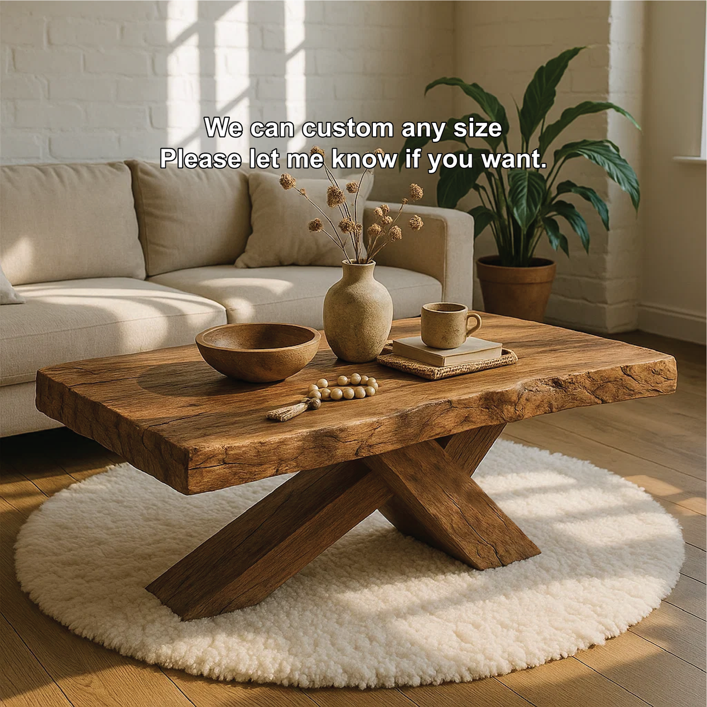 Handcrafted Solid Wood Coffee Table with Rustic Live Edge and Cross-Leg Modern Design Lynnsnail