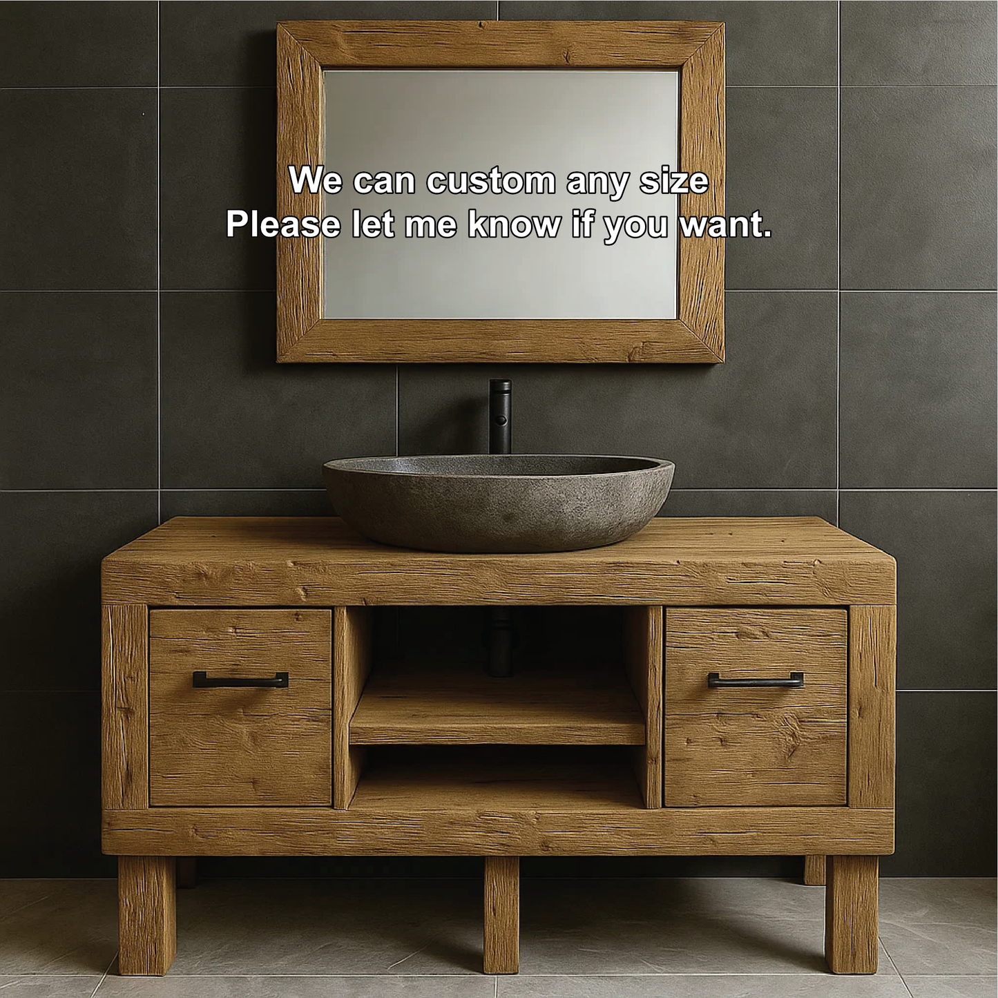Modern Rustic Handcrafted Solid Wood Bathroom Vanity with Storage Drawers and Open Shelves Lynnsnail