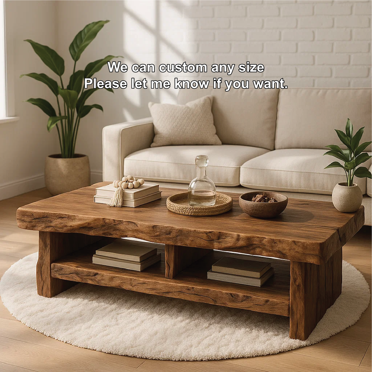 Handcrafted Solid Wood Coffee Table with Live Edge Design and Double Shelf for Storage Lynnsnail