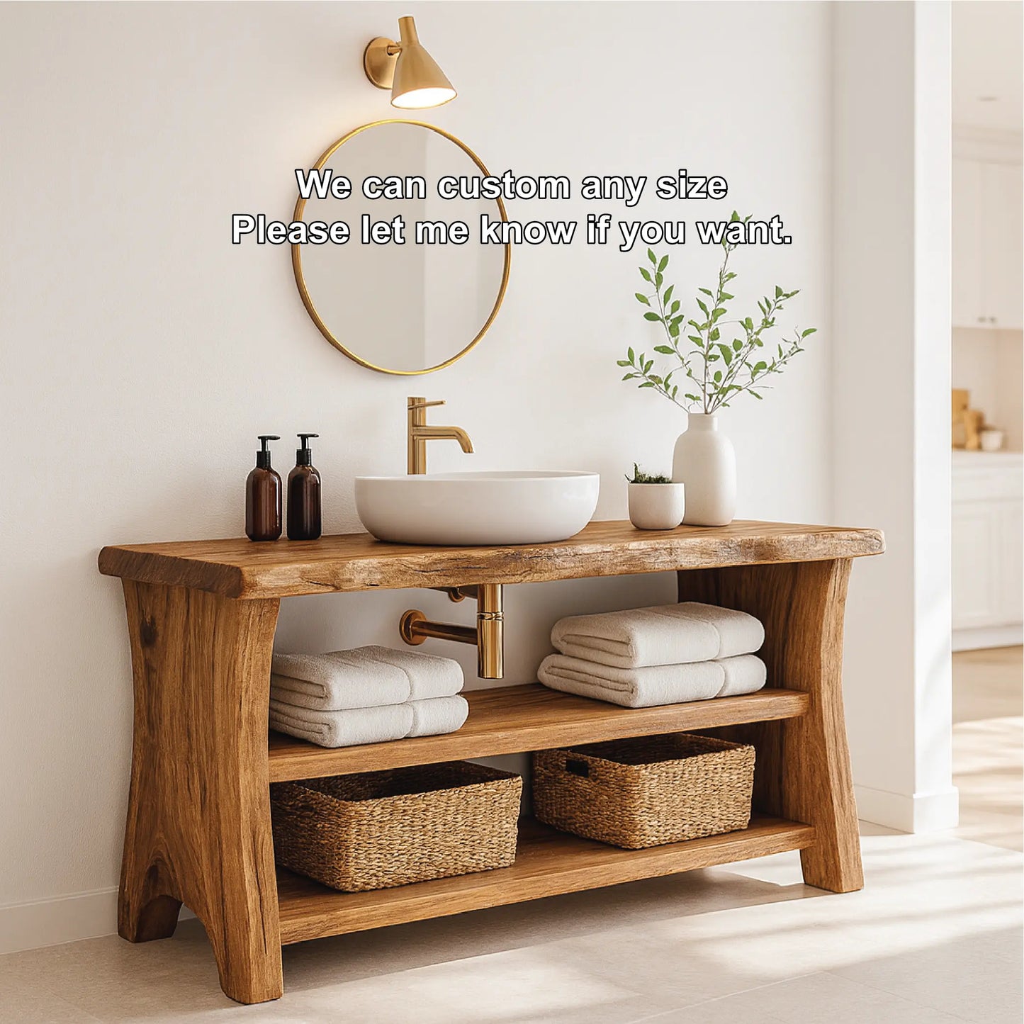 Handcrafted Solid Wood Bathroom Vanity with Live Edge Design and Open Shelf Bathroom Storage Lynnsnail