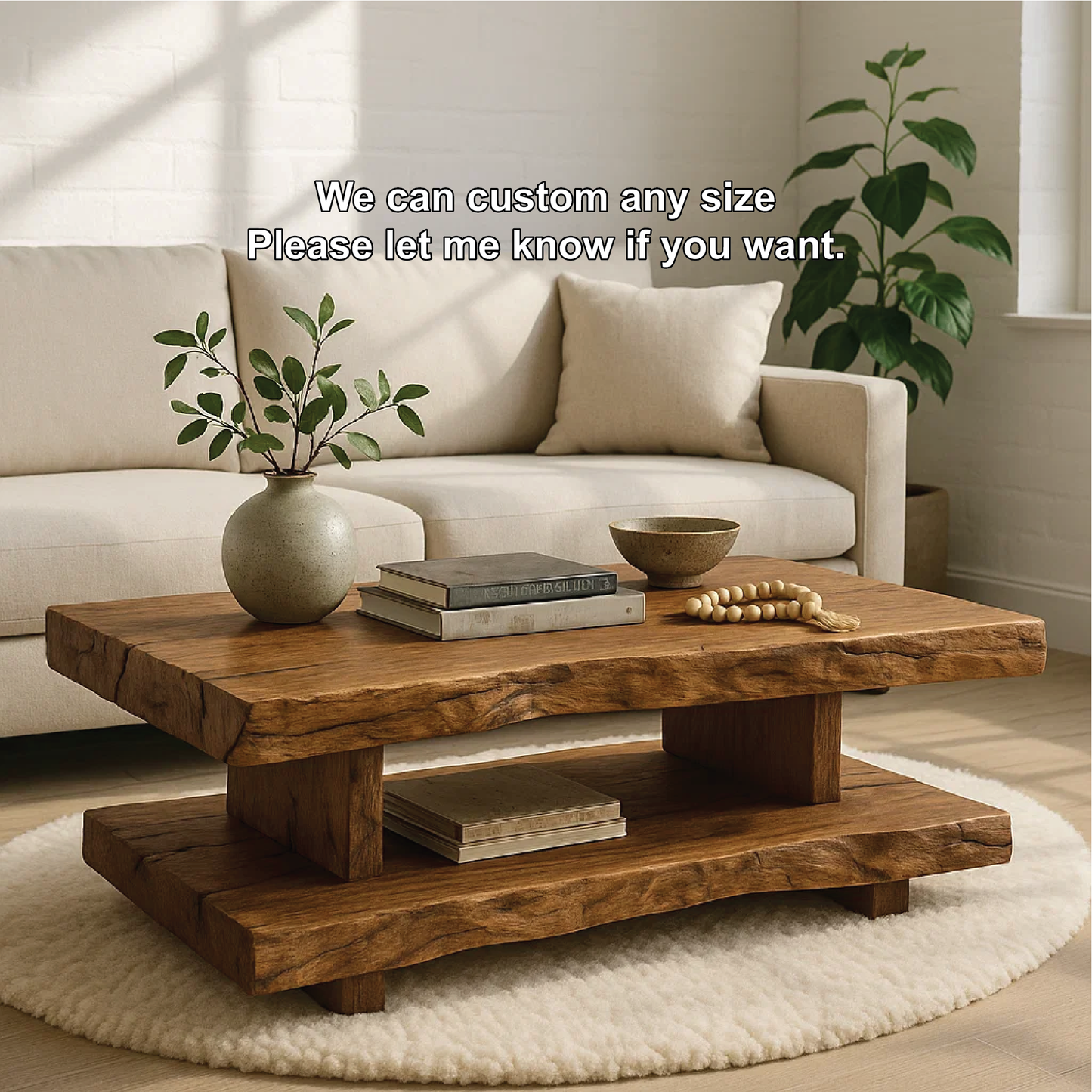 Handcrafted Solid Wood Coffee Table with Double Live Edge Shelves and Natural Rustic Finish Lynnsnail