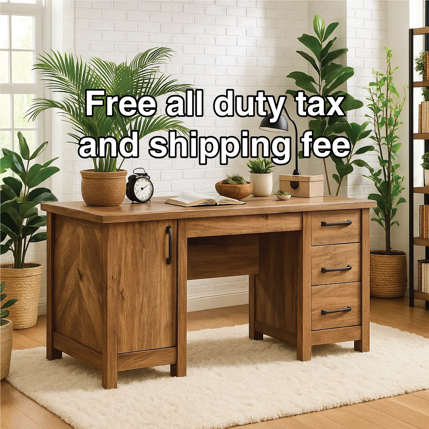 Handcrafted Solid Wood Office Desk – Rustic Work Table with Drawers and Natural Walnut Finish