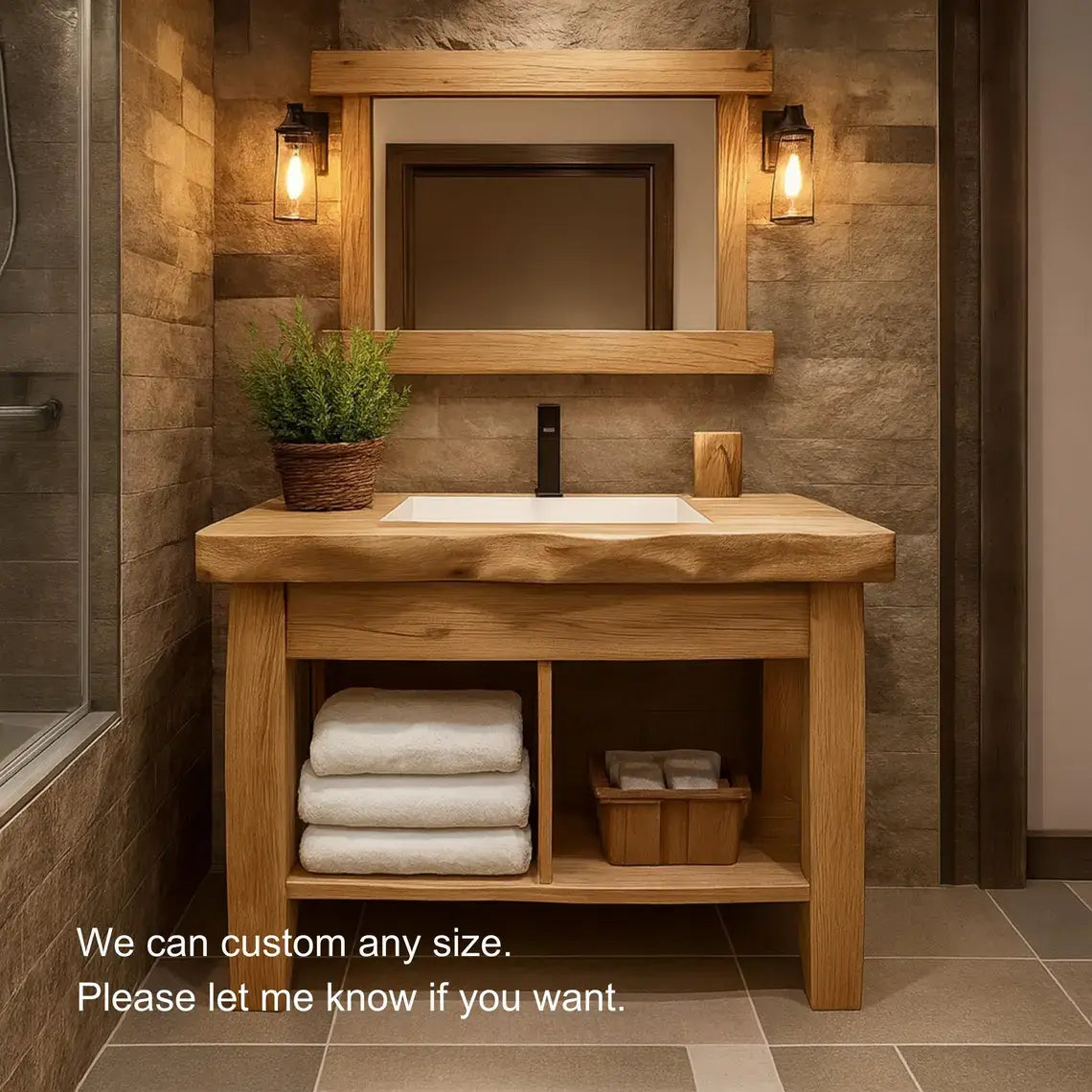 Handcrafted Solid Wood Bathroom Vanity with Natural Live Edge and Open Shelf Rustic Design Lynnsnail