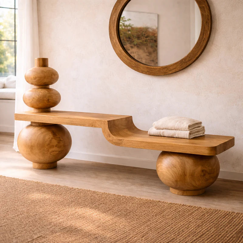 Sculptural Solid Wood Bench, Modern Artistic Entryway Statement Seating
