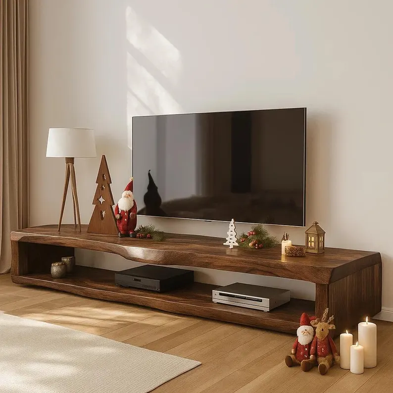 Solid Wood TV Stand, Modern Low Wooden Media Console with Storage, Durable Natural Wood Entertainment Unit for Living Room Lynnsnail