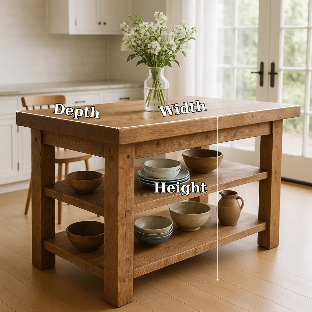 Handcrafted Solid Wood Kitchen Island – Rustic Oak Butcher Block Table with Open Shelves Lynnsnail