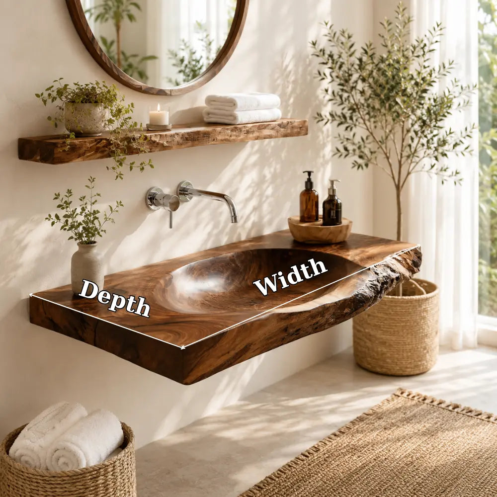 Live Edge Vanity & Shelf Set | Solid Wood Carved Sink Floating Bathroom Lynnsnail
