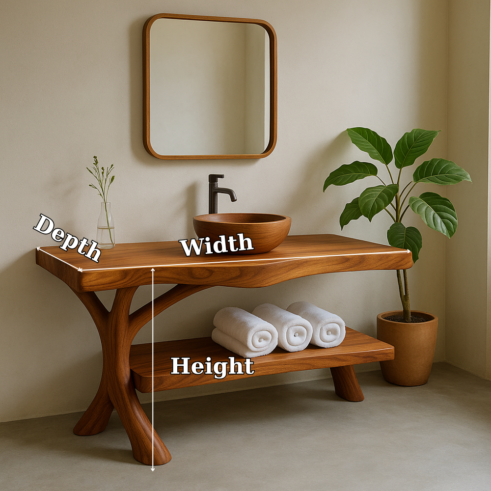 Handcrafted Solid Wood Bathroom Vanity – Organic Curved Design with Shelf for Towels Lynnsnail