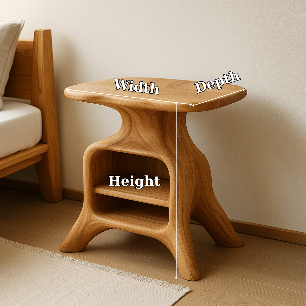 Handcrafted Solid Wood Nightstand – Sculpted Organic Bedside Table with Open Shelf Lynnsnail