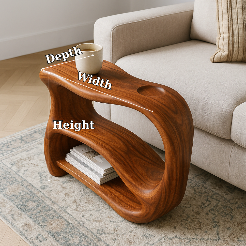 Handcrafted Solid Wood Armrest Table – Sculpted Organic Side Table with Storage Shelf Lynnsnail