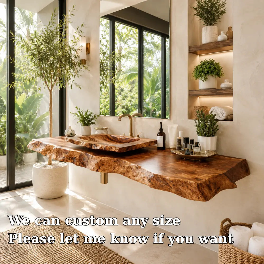 Burl Wood Vanity Shelf with Carved Sink | Live Edge Floating Bathroom Lynnsnail