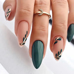 Almond Press-On Nails – Dark Green & Gold Leaf Floral French Design
