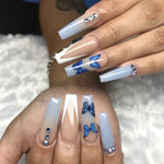 Blue Butterfly V-Shape French Press-On Nails – Rhinestone & Ombre Accent