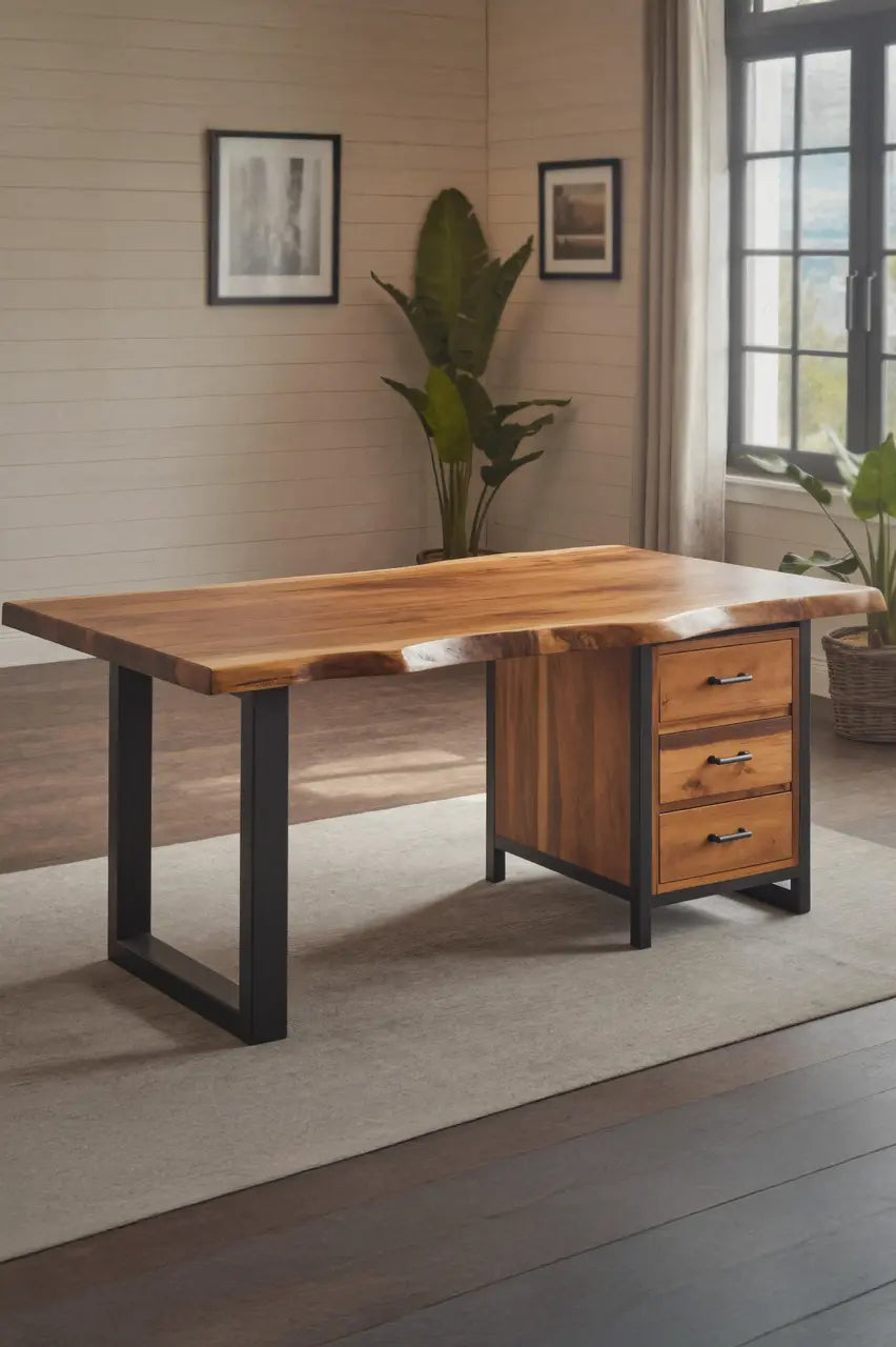 Modern Live Edge Office Desk With Drawer Storage For Workspace Lynnsnail