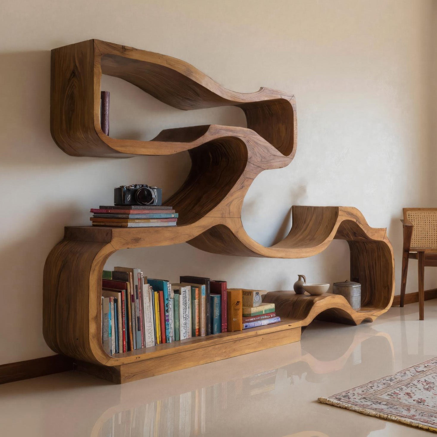 Artistic Bookshelf With Flowing Design For Living Room Lynnsnail