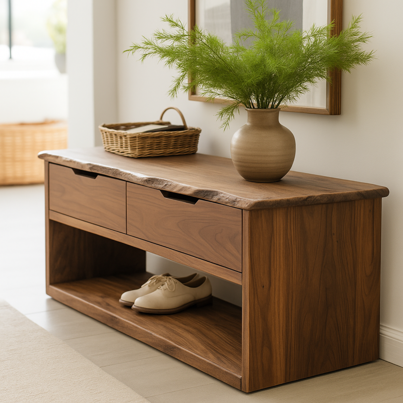 Handcrafted Solid Wood Bench – Live-Edge Entryway Bench with Drawers Lynnsnail