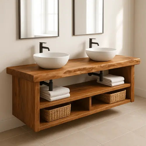 Floating Double Sink Bathroom Vanity – Solid Wood Live Edge Countertop with Open Shelves – Rustic Modern Wall-Mounted Vanity Design Lynnsnail