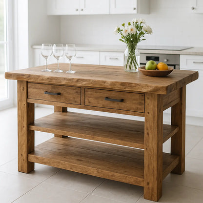 Handcrafted Solid Wood Kitchen Island - Live-Edge Top, 2 Drawers & Shelves Lynnsnail