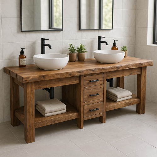 Handcrafted Solid Wood Double Bathroom Vanity – Live Edge Top with 3 Drawers & Open Shelves Lynnsnail