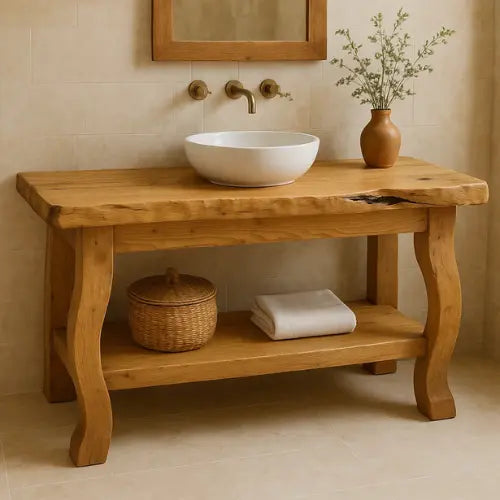 Handcrafted Solid Wood Bathroom Vanity – Live Edge Countertop with Curved Legs and Open Shelf – Rustic Organic Natural Design Lynnsnail
