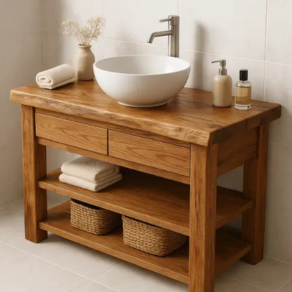 Solid Wood Bathroom Vanity – Handcrafted Live Edge Countertop with Drawers & Open Shelves – Rustic Farmhouse Vanity for Modern Interiors Lynnsnail