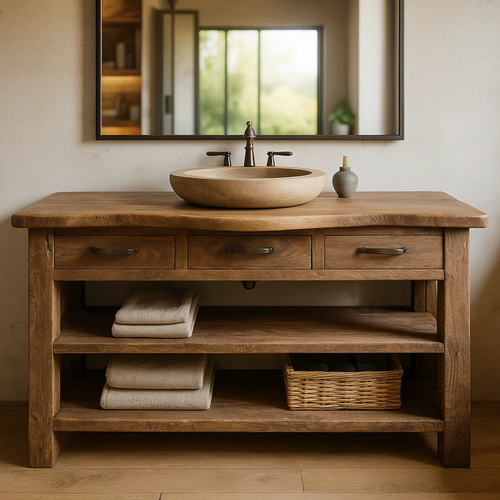 Handcrafted Solid Wood Bathroom Vanity with Curved Live-Edge Top and Triple Storage Drawers Lynnsnail