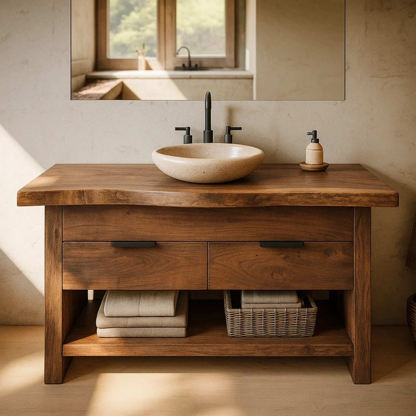Handcrafted Solid Wood Bathroom Vanity with Live Edge Top and Open Storage Shelf Lynnsnail
