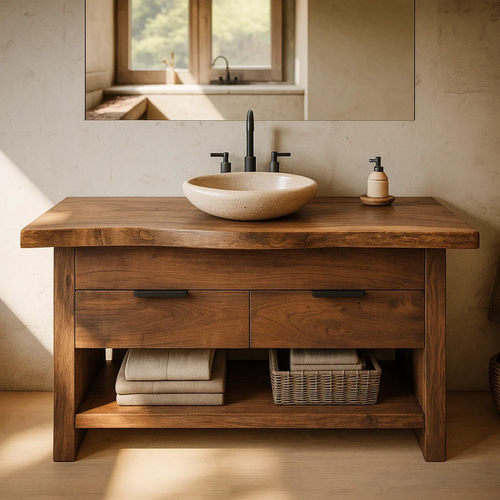 Handcrafted Solid Wood Bathroom Vanity with Live Edge Top and Open Storage Shelf Lynnsnail