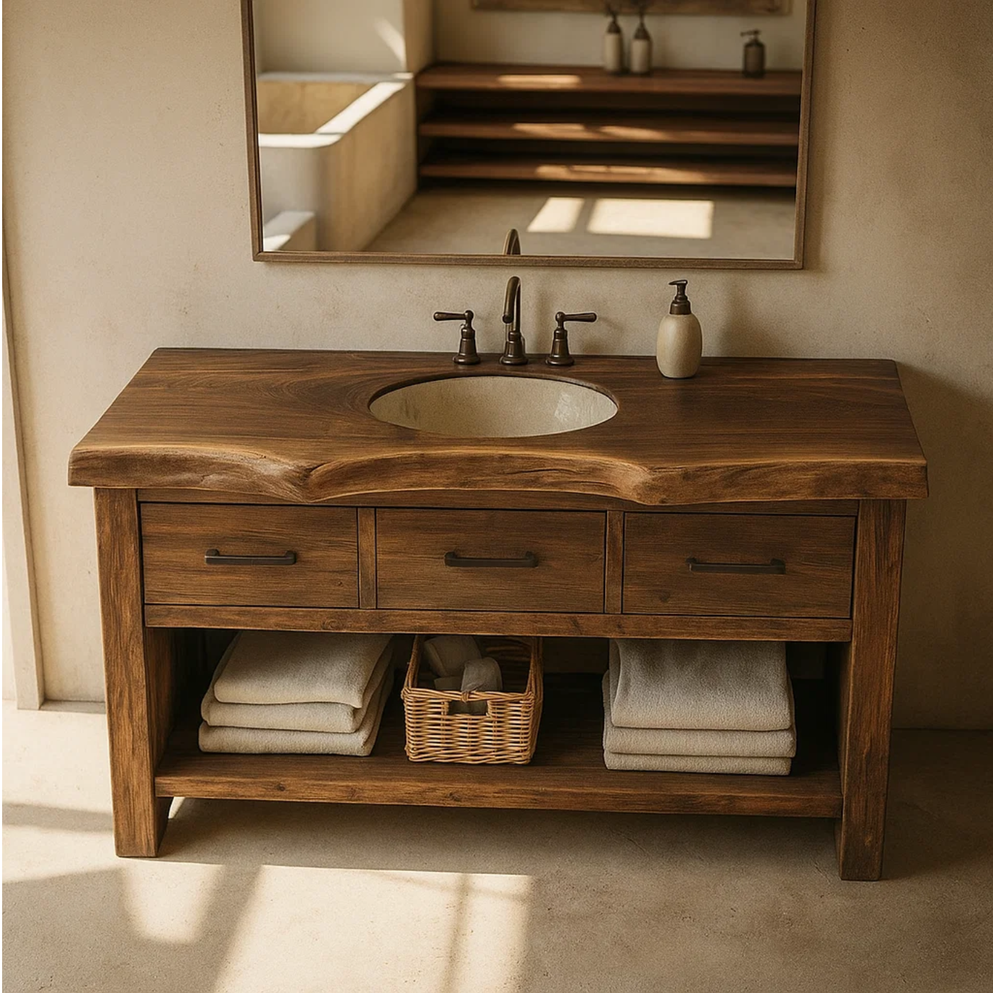 Handcrafted Solid Wood Bathroom Vanity with Live Edge Top, Triple Drawers & Open Storage Shelf Lynnsnail