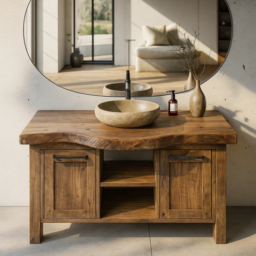 Handcrafted Solid Wood Bathroom Vanity with Live-Edge Top and Dual Side Cabinets Lynnsnail