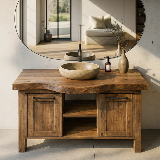 Handcrafted Solid Wood Bathroom Vanity with Live-Edge Top and Dual Side Cabinets Lynnsnail