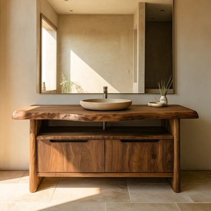Handcrafted Solid Wood Bathroom Vanity with Live-Edge Walnut Top & Soft-Close Doors Lynnsnail