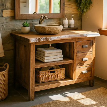 Handcrafted Solid Wood Bathroom Vanity with Live-Edge Top and Spacious Open Storage Lynnsnail