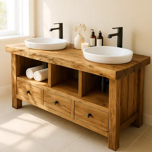 Handcrafted Solid Wood Double Sink Bathroom Vanity – Rustic Live Edge Countertop with 3 Drawers & Open Shelves – Farmhouse Design Lynnsnail
