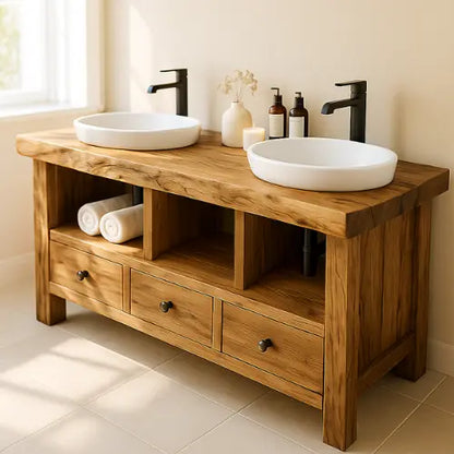 Handcrafted Solid Wood Double Sink Bathroom Vanity – Rustic Live Edge Countertop with 3 Drawers & Open Shelves – Farmhouse Design Lynnsnail