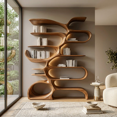 Sculptural Wooden Bookcase For Modern Living Room Storage Lynnsnail