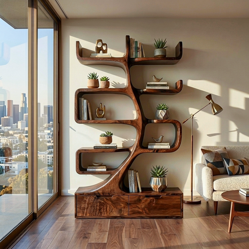 Wooden Bookcase With Tiers And Built-in Drawers For Home Lynnsnail