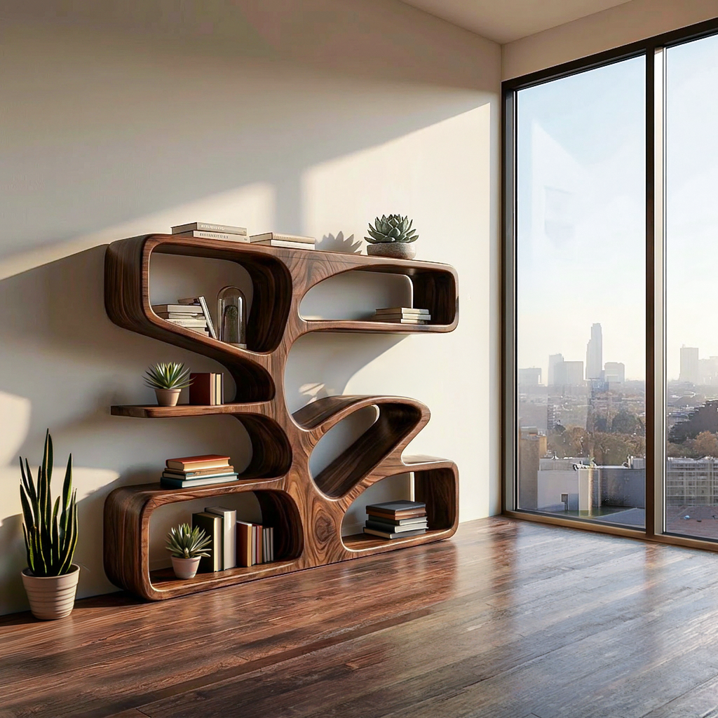 Statement Wooden Bookshelf With Sculpture Form For Home Lynnsnail