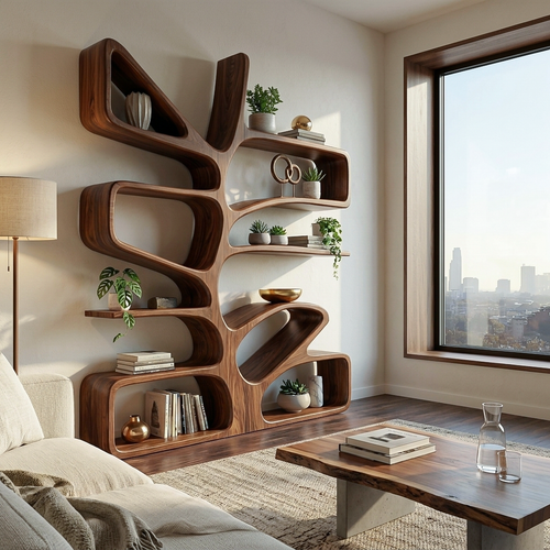 Organic Wooden Bookcase With Sculptural Form For Living Space Lynnsnail