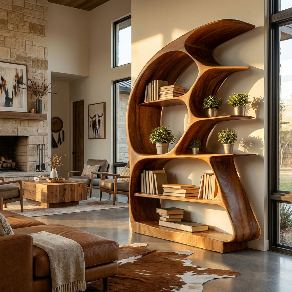 Contemporary Sculptural Wood Bookshelf For Living Room Decor Lynnsnail