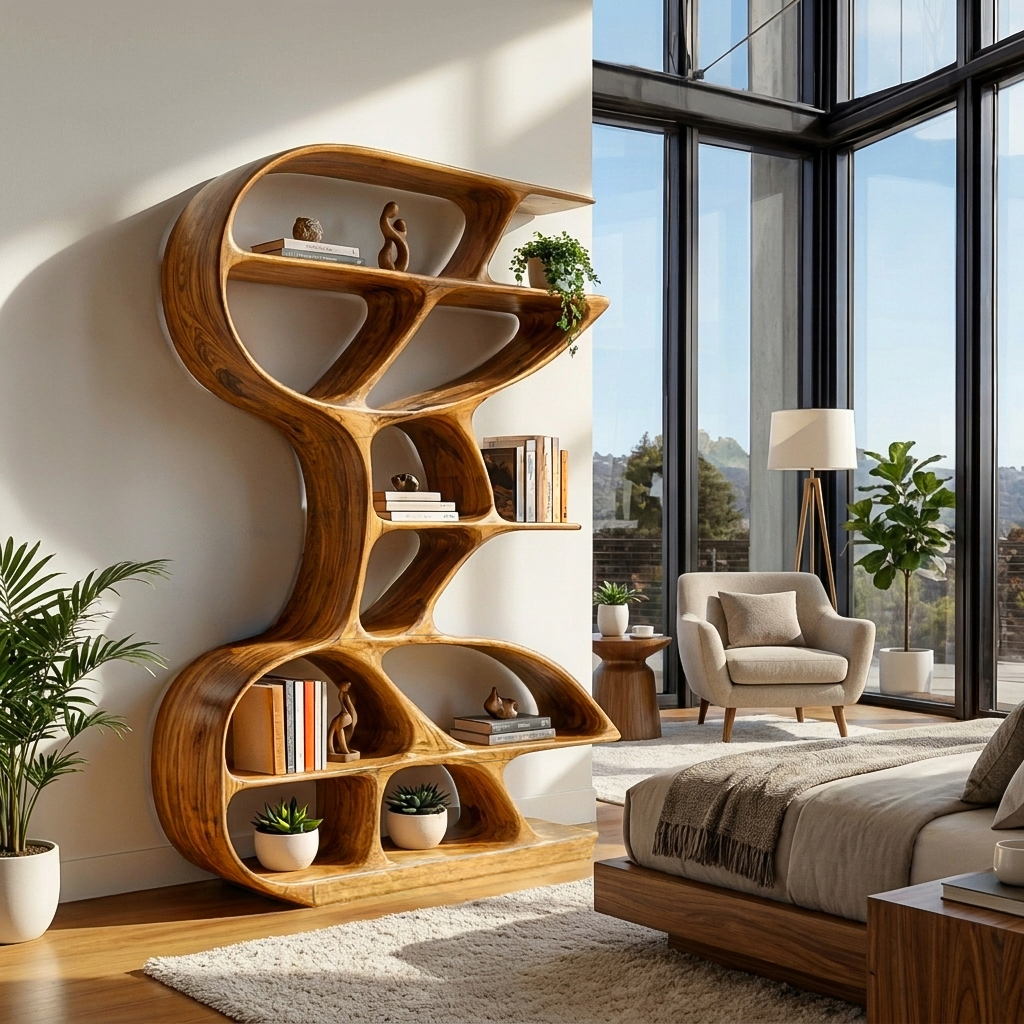 Wooden Bookshelf Unique Sculptural Design For Modern Living Room Lynnsnail