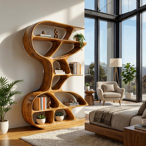 Wooden Bookshelf Unique Sculptural Design For Modern Living Room Lynnsnail