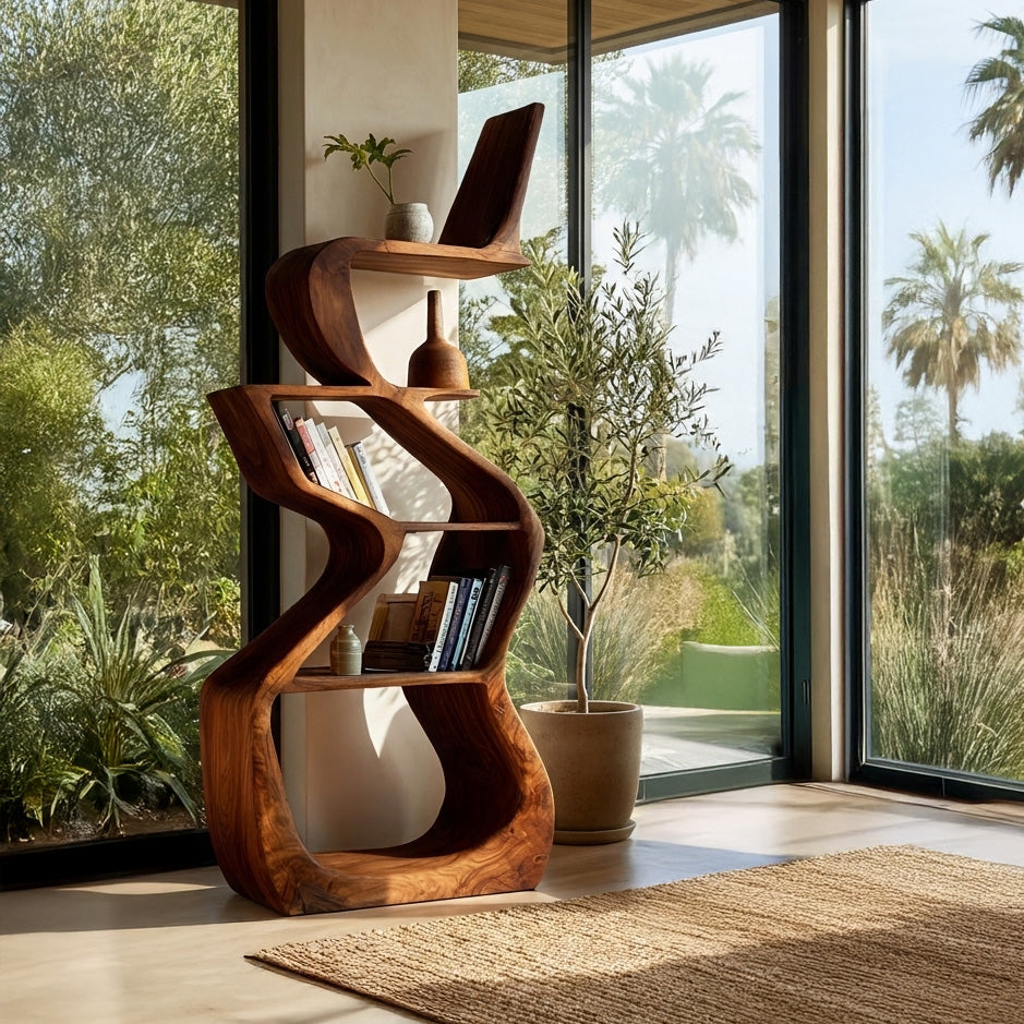 Sculptural Wooden Bookshelf For Living Room Corner Lynnsnail