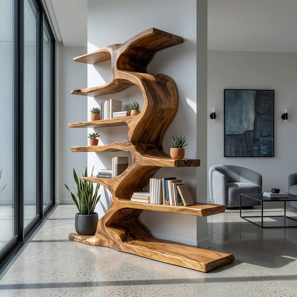 Organic Sculptural Wooden Bookshelf With Tiers For Living Room Lynnsnail