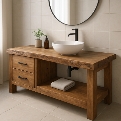 Handcrafted Solid Wood Bathroom Vanity – Live Edge Countertop with Drawers & Open Shelf – Rustic Modern Design for Natural Spa Interiors Lynnsnail