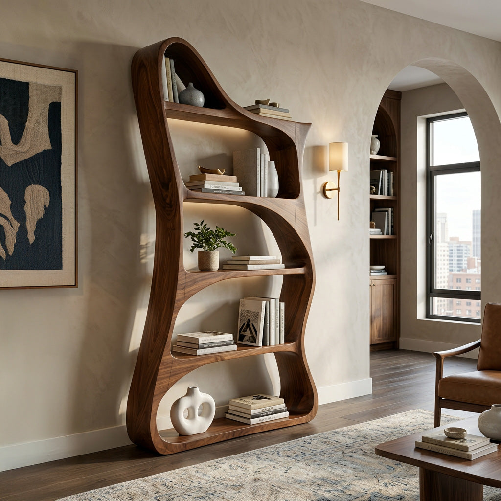 Modern Sculptural Natural Wood Bookshelf For Living Room Lynnsnail